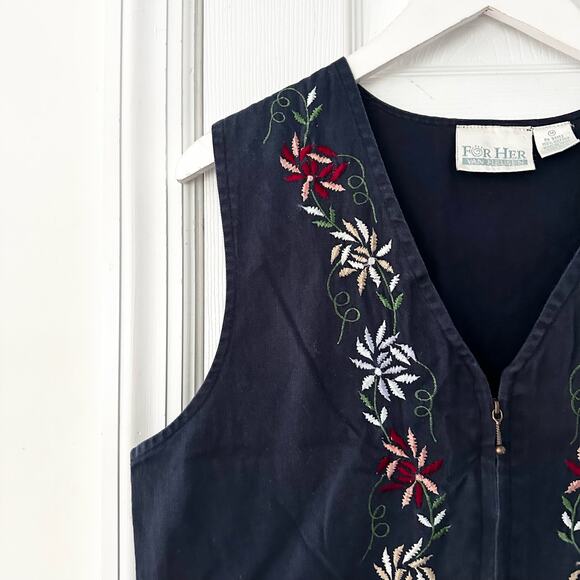 For Her Van Heusen Navy Blue Floral Embroidered Zip Cotton Cottage Vest Medium - Picture 2 of 7